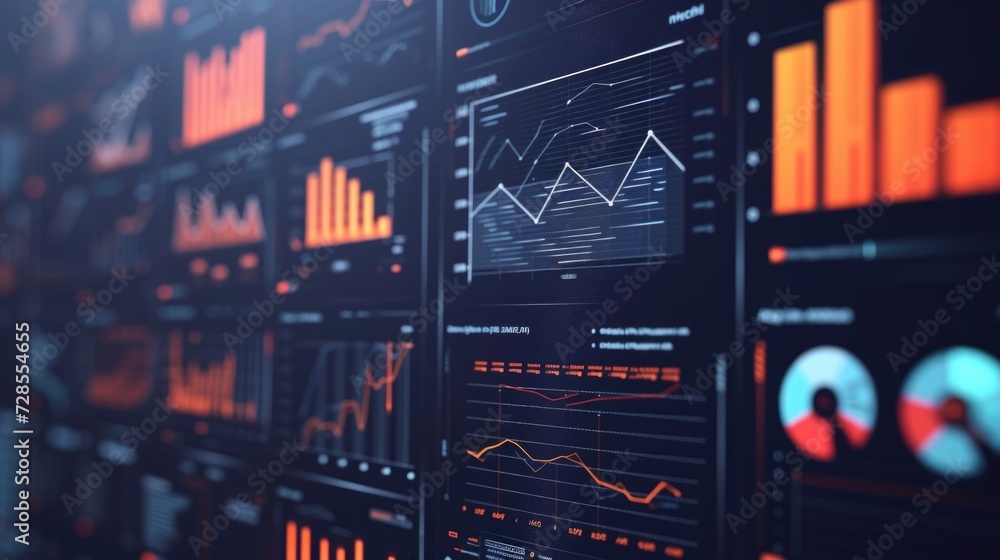 Aufkleber A close-up view of a bunch of graphs displayed on a wall. This versatile image can be used to represent data analysis, business reports, financial growth, market trends, or statistical research