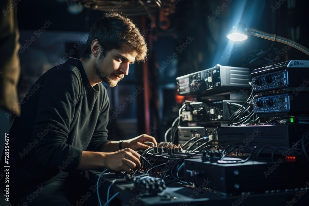 Poster a man sitting in front of a bunch of electronic equipment. suitable for technology-related projects