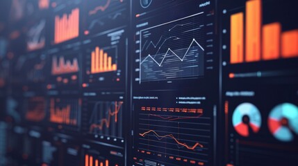 A close-up view of a bunch of graphs displayed on a wall. This versatile image can be used to represent data analysis, business reports, financial growth, market trends, or statistical research