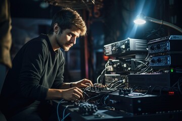 A man sitting in front of a bunch of electronic equipment. Suitable for technology-related projects