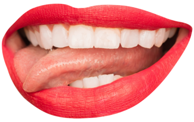 Female mouth wit white teeth, red lipstick, with tongue sticking out isolated over transparent background. Grimacing. Concept of human emotions, face part, makeup, dental care