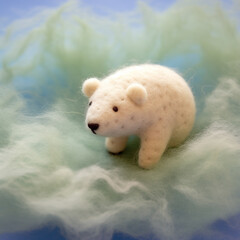 A felted figurine of a polar bear in the snow. A cute white bear toy made of wool. Wild animal in natural habitat. AI-generated