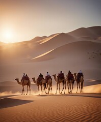 Camels moving in single file across the Arabian desert at sunset