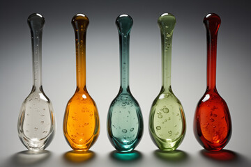 Weird abstract art made of colorful glass. Five odd objects arranged in a row used as interior decor. AI-generated