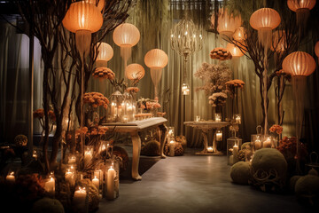 A dreamy and magical room decorated with orange lanterns and candles. The room is ready for a fantastic and mystical celebration, a fairy tale-themed birthday party. AI-generated