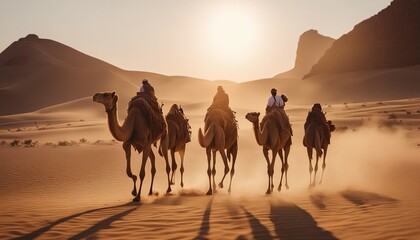 Camels moving in single file across the Arabian desert at sunset