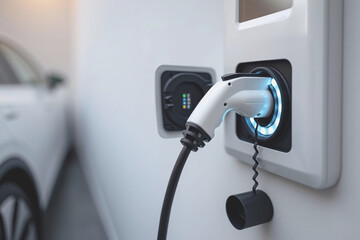Modern electric vehicles (EV) plugged into a charging station on a white background, AI Generated