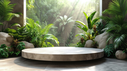Concrete podium in tropical forest for product presentation and green background 