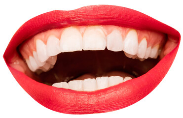 Open female mouth with white teeth, red lipstick isolated over transparent background. Laughing,...