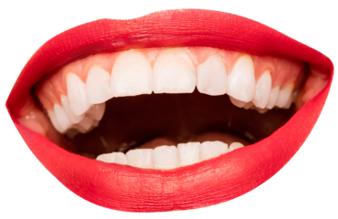 Open female mouth with white teeth, red lipstick isolated over transparent background. Laughing, happiness, jokes. Concept of human emotions, face part, makeup, dental care
