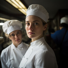 Two female chefs in white chefs uniforms stand in a professional kitchen with one in focus and the other blurred in the background