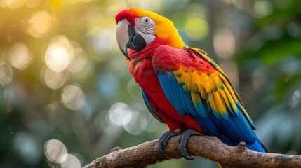 Parrot sitting on branch in the woods 