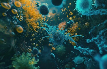 Fototapeta premium Close-up of virulent bacteria clusters with intricate appendages in a dark aquatic environment on dark blue background.