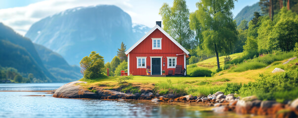 Scandinavian style house standing in nature in the mountains near the sea. - obrazy, fototapety, plakaty