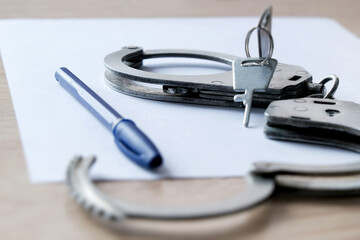 A sheet and a pen are prepared for the accused to write a confession. The handcuffs are lying on the side.