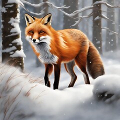 Realistic depiction of a red fox navigating a snowy forest landscape, highlighting its agility and adaptability in winter surroundings.