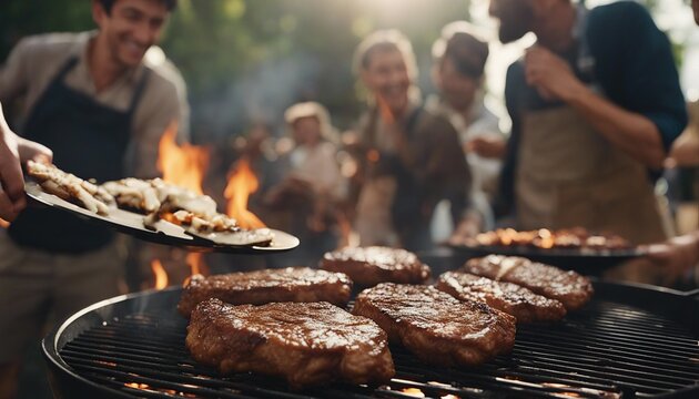 close up of fried steaks on the barbecue, blurred image of people having fun together in the background

