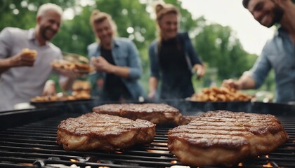 close up of fried steaks on the barbecue, blurred image of people having fun together in the background

 - obrazy, fototapety, plakaty