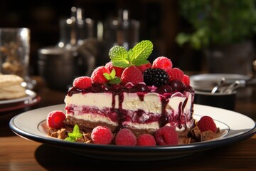 Delicious gourmet dessert plate cheesecake raspberry mousse generated by, generative IA