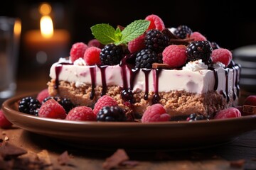 Fototapeta na wymiar Delicious gourmet dessert plate cheesecake raspberry mousse generated by, generative IA