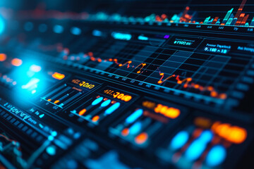 A dynamic stock market dashboard with multiple growth graphs and indicators, highlighting positive performance in an investment firm’s office 