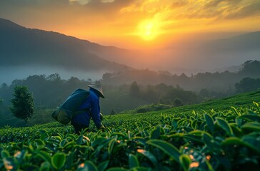 Worker harvesting fresh tea leaves in the lush fields at sunrise with misty mountains and a warm golden sky in the background