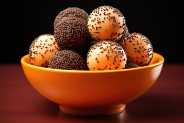Brazilian Vegan Sweet called Brigadeiro Chocolate Balls isolated in orange backgro, generative IA