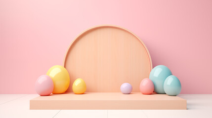 Fototapeta premium Easter Eggs Wooden Platform Empty Blank Plate Podium Pedestral Table Stand Mockup Product Display Showcase Wood Surface Podest Pastel Holiday Rabbit Colorful Rose Purple Soft Flower Green Mint Rose
