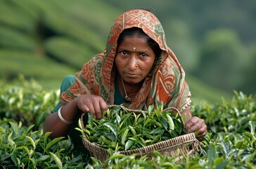 A tea picker, adorned in a traditional sari, carefully harvests fresh green tea leaves in the lush fields of India