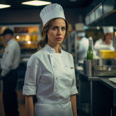A focused female chef in a professional kitchen wearing a white chefs coat and hat stands confidently amongst her busy colleagues