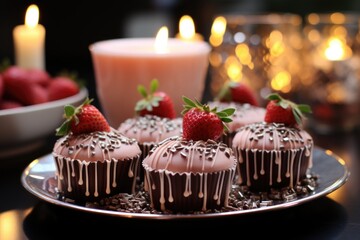 Sweets for Children's Party Chocolate Brigadeiro and Strawberry Brigadeiro, generative IA