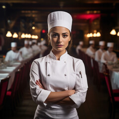 A confident female chef in white uniform and hat stands with arms crossed in a busy restaurant kitchen team working in the background