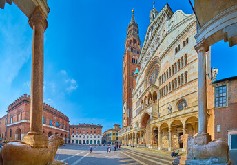 Piazza del Comune with lion statues of Baptistery, Cremona, Italy