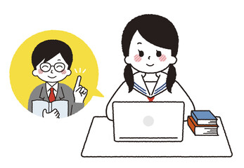 Fototapeta premium パソコンでリモート授業を受ける学生。オンライン授業で勉強をする女の子。