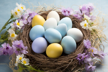 AI generated illustration of colored Easter eggs adorned with frost, nestled among purple flowers