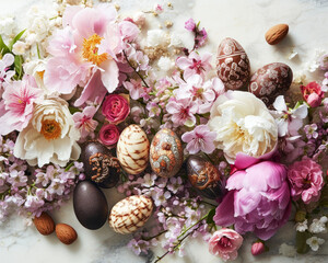 AI generated illustration of colorful Easter eggs, adorned with delicate flowers and nuts