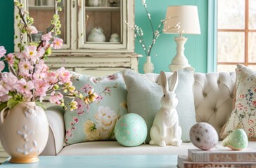 A cozy interior decorated for Easter with pastel-colored pillows, a ceramic bunny, and a vase of pink blossoms on a tufted sofa against a vibrant teal wall