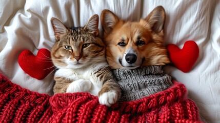 cute corgi dogs and striped cat lie together on the bed surrounded by red and pink hearts