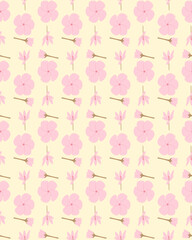 A seamless pattern of pink flower on a yellow background in a spring minimal shape floral concept, Vector