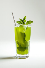 AI generated illustration of glass with a refreshing drink, ice, and green garnish topped with mint