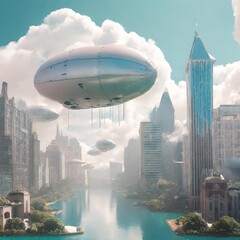 Floating city in the clouds, with futuristic architecture and airships soaring between towering skyscrapers