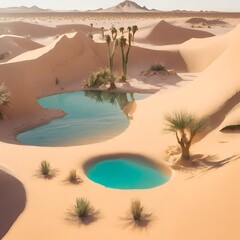 Image of a mystical desert oasis with glowing water, surrounded by towering sand dunes and mythical creatures resting nearby.