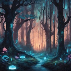 Surreal representation of a bioluminescent forest at dusk, where the trees emit an ethereal glow, and mythical creatures roam.