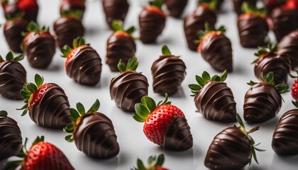 delicious chocolate covered strawberries in porcelain, top view, wide angle view
