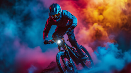 Mountain bike racer rides in a skate park at night under floodlights and clouds of colorful smoke. Teenager in a protective helmet and goggles rides a bicycle in a night bike show.