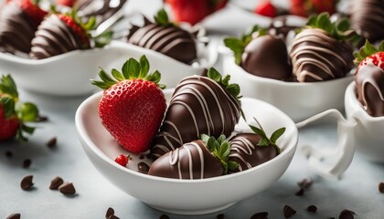 delicious chocolate covered strawberries in porcelain, top view, wide angle view
