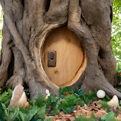Image showcasing a hidden doorway in an ancient tree trunk, leading to a magical realm filled with mythical creatures.