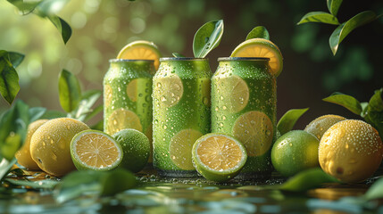 A green aluminum can has water droplets on the surface of the can with green lime paste as an ingredient. In the background is a lemon farm. for product presentation