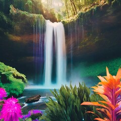 Mesmerizing image of a waterfall in a hidden, enchanted valley surrounded by vibrant, glowing flora.