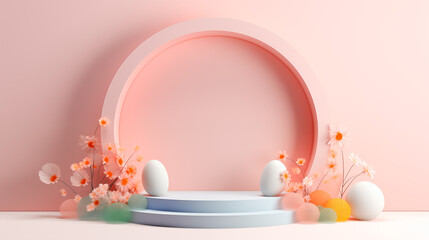 Easter Eggs Wooden Platform Empty Blank Plate Podium Pedestral Table Stand Mockup Product Display Showcase Wood Surface Podest Pastel Holiday Rabbit Colorful Rose Purple 
